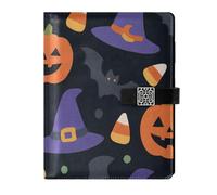 KLL leather lined spiral notebooks college ruled spiral for planning delicate Cartoon Halloween Magic Hats Jack-o'-lanterns and Bats 6.7×9.2 inches