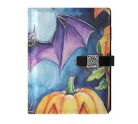 KLL leather lined spiral notebooks notebook college rule for journal portable Nightmare Halloween Bat Jack-o'-lantern Pumpkin 6.7×9.2 inches