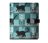 KLL leather lined spiral notebooks spiral notebook college for travelling water proof cover Halloween Green Checkered Skull Cat 6.7×9.2 inches