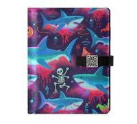 KLL leather lined spiral notebooks subject notebook college for planning portable Happy Halloween Blue Shark Skull 6.7×9.2 inches