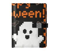 KLL leather lined subject notebook college ruled notebook for planning water proof cover Cartoon Orange Halloween Pixel 6.7×9.2 inches
