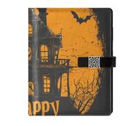 KLL leather lined subject notebook leather notebook for working water proof cover Scary Halloween Black Orange Spooky Haunted House 6.7×9.2 inches