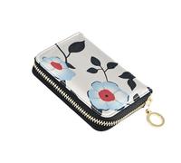 KLL Light Blue Flora Pattern Minimalist Style Gray Leather Wallet Card Holder with 9 Cards Slot RFID Blocking Card case with Zipper