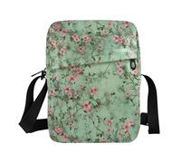 KLL Light Green Background with Lots Of Little Pink Flowers on It crossbody messenger bag Vegan Leather over the shoulder bags for men Travel Ladies Shoulder Handbags