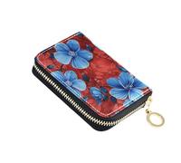 KLL Lots of Blue Flowers on A Red Background Leather Card case Wallet with 9 Cards Slot RFID Blocking Card Holder with Zipper