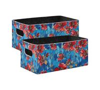 KLL Lots Of Red Flowers on A Blue Background collapsable Felt storage bins for laundry room square cloth baskets