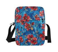 KLL Lots Of Red Flowers on A Blue Background men's messenger bag Vegan Leather Small Crossbody Bags Shopping Shoulder Handbag