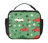 KLL Lunch Bag for Women Water-Resistant Boys Lunch Box Removable Shoulder Strap Insulated Tote for Beach Travel Green Clovers Red Cars