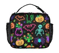 KLL Lunch Tote Bag for Women Water-Resistant Teen Lunch Box Shoulder Strap and Bottle Holder Insulated Cooler Bag for Work Office Fluorescent Colorful Halloween Pumpkin