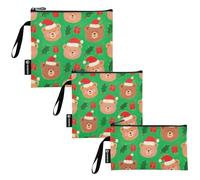 KLL Merry Christmas Cute Brown Bear 3-Pack Reusable Sandwich and Snack Bags Multi-Use Food Bags for Candy, Fruits, Cereal, Home Organization