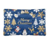 KLL Merry Christmas Nordic Snowflake and Santa Gold and Blue Washable Pet Mattress Non-Slip Soft Comfortable Kennel Pad for Medium/Large Dogs 36" x 24"