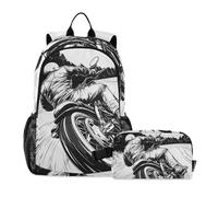 KLL Motorcyclist Is Riding Classic Bike Black White Backpack For School And Lunch Bag Boy School Backpack With Lunch Box 10-12