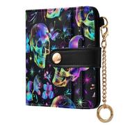 KLL Neon Rainbow Color Skull and Flowers Gothic Fantasy Style Women's Small Folding Wallet Unique PU Leather Card Wallet for Women