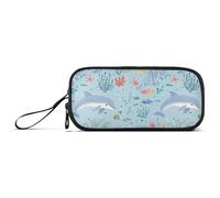 KLL Ocean Animals Dolphin Fish Nylon Pencil Bag with Handle High Capacity Zip Pencil Case School Stationery for Elementary Adults