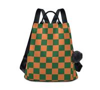 KLL Orange And Green Checkerboard Pattern Fashion backpack for women lightweight travel backpacks for women for Daily College Shopping with Pom-pom keychain