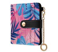 KLL Pastel and Blue Palm Leaves Ladies Bifold Wallet Portable Minimalist PU Leather Wallet for Girls Women Ladies