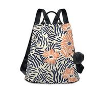 KLL Peach Flowers Navy Blue zebras Print Fashion high school backpack multipurpose lightweight backpack for women for Daily College Shopping with Pom-pom keychain