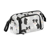 KLL Pen Case Large Capacity Cartoon Border Collie Daisy Gray | Bags With Zipper ,with Slot,for College Student Preppy School Supplies