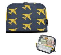 KLL Pencil Bag Large Capacity Pen Bags Slim Multi-Purpose Bag for Girls Elementary Yellow Airplane on Navy Blue