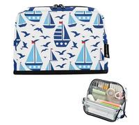 KLL Pencil Box Case Large Capacity Make Up Bags Big Capacity Organizer Box for Man College Ocean Sailboat Red White Blue