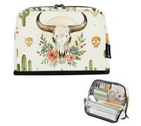 KLL Pencil Box Case Large Capacity Pen Pencil Case Simple Holder for Adolescentes School Supply Western Boho Chic Long Horn Bull Skull Cactus Beige