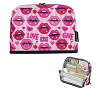 KLL Pencil Case Box Large Capacity Makeup Bag Soft Storage Organizer for Preppy Cosmetics Cute Pink Lips and Hearts