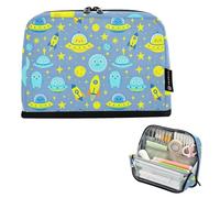 KLL Pencil Holder Large Capacity Make Up Bags Zippered Case Pencil Holder for Teacher Preppy School Cute Space Alien Print Ufo rocketing Blue