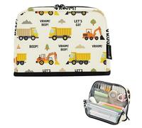 KLL Pencil Organizer Case Large Capacity Make Up Bags Portable Organizer Box for Women School Must Haves Cartoon Construction Truck White