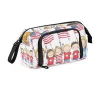 KLL Pencil Pen Case Large Capacity Cool Pencil Cases with Handle Stand Up Pencil Case for Kids Travel Kids Are Waving Small American Flags and Wearing Patriotic T-shirts