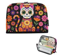 KLL Pencil Storage Case Large Capacity Pen Bag Wide Opening Stationery Storage for Women School Sugar Skull Cat Mexican Folk Art