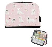 KLL Pencil Storage Case Large Capacity Pen Case Cosmetic Wide Opening Coin for Preppy High School Cute Maltese Dogs Blush