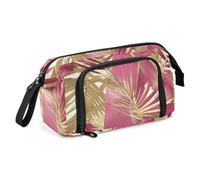 KLL Pink Gold Tropical Leaves Pencil poucheses Large Capacity Pencil Case Box with Zipper for College Student Preppy School Supplies