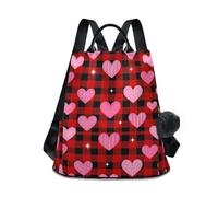 KLL Pink Hearts On A Red Checkered Pattern Fashion backpack for teen lightweight backpack for women college for Daily College Shopping with Pom-pom keychain