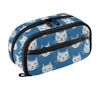 KLL PVC Pencil Holder Large Capacity durables Organizer Box (prop3) for Boys High School White Cat Faces Blue