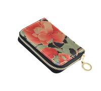 KLL Red Pomegranates Flowers Retro Leather Credit Card Wallet with 2 Cash Slot RFID Blocking Card Holders with Zipper