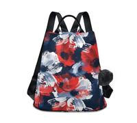 KLL Red White Flowers Brush Strokes Fashion girl backpacks lightweight lightweight backpack for women for Travel, Work, Everyday with Pom-pom keychain