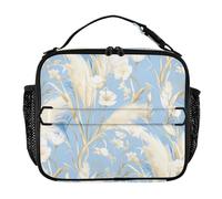 KLL Reusable Lunch Bag Water Resistant Lunch Boxes for Adults Shoulder Strap and Bottle Holder Insulated Bag for School,Work,Outdoor Golden Pampas Grass Light Blue Watercolor Painting Style