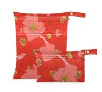 KLL reusable waterproof dry bag 2 Pack wet bag for swimsuit with handles for daycare, pool (Big Red Bloom Flowers)