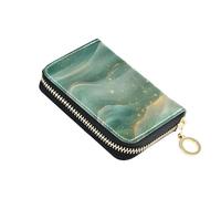 KLL Rose Gold Teal Green Wave Abstract Art Style Leather Mens Card Holder Wallet with Cion Purse RFID Blocking Women Card Holder with Zipper