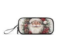 KLL Santa Claus on A Wreath Watercolor Nylon Pencil Case Pencil Bag High Capacity Pencil Cases for Girls Stationery for Elementary Teen Boys