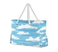 KLL Sky Blue and Pure White Stripe Pattern Doodle Art Large Capacity waterproof beach bag with zipper tote bags for women with cup holders on the side