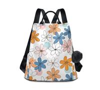 KLL Small Doodle Flowers Fashion college backpacks multipurpose lightweight backpack for women for Travel, Work, Everyday with Pom-pom keychain