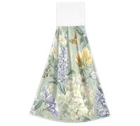 KLL Sspring Flowers Hyacinths Butterflies Sage Green Hand Towel with Button Loop 2 Pack Pretty Hand Towels for Bathroom Dish Rags White