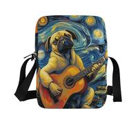 KLL Starry Guitar Brown Pug Dog messenger bag crossbody Vegan Leather mens shoulder bag Shopping Handbag For Travel