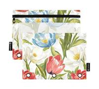 KLL Summer Flowers Daffodil Delphinium Sunflower White Binder Pouches Soft Pencil Case for Binder Folder, Spring Flowers Tulip Orchid White, 1 sizex2