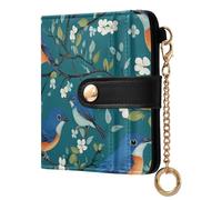 KLL Sweet Eastern Blue Birds Teal White Cherry Blossom Ladies Lightweight Foldable Wallet Waterproof Everyday PU Leather Wallet for Girls Women Ladies