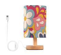 KLL Table Lamp for Reading, Retro Groovy 60s 70s Flower Bedside Nightstand Lamp with Fabric Linen Shade Cordless Desk Lamps for Home Office for Bedroom Study Room Dorm Office