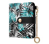 KLL Teal and Black Palm Leaves Women's Minimalist Folding Wallet Convenient Compact PU Leather Wallet for Women Girls