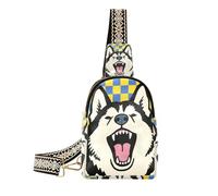 KLL Trendy Blue and Yellow Checkered Siberian Husky Dog fanny packs crossbody leather womens crossbody fanny pack for travel