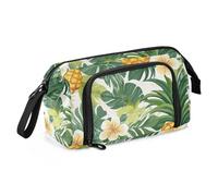 KLL Tropical Pineapple Golden Yellow Green Palm Leaves Flower Pencil Box Large Capacity Brush and Pencil Case with Handle for College Student College